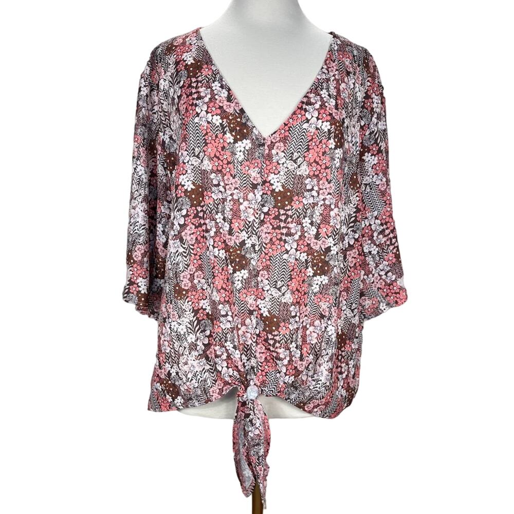 NWT Bluetime 3/4 sleeve Floral Blouse Tie Front Bell Sleeve Top Brown/Pink‎ XXL